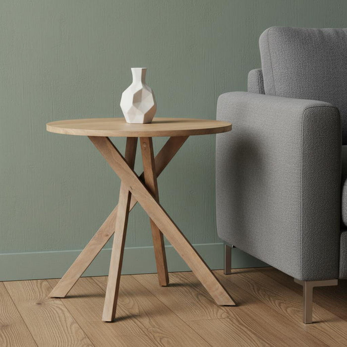 Distressed Solid Wood Round Cross Legs End Table - Natural