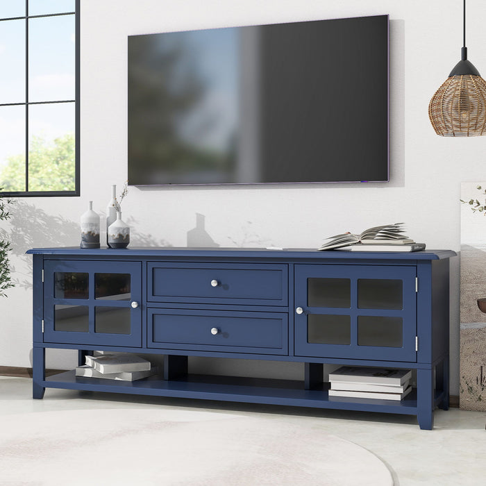 Giga TV stand with dual drawers, hidden storage, soft-closing doors, and sleek panel design for modern entertainment setup.