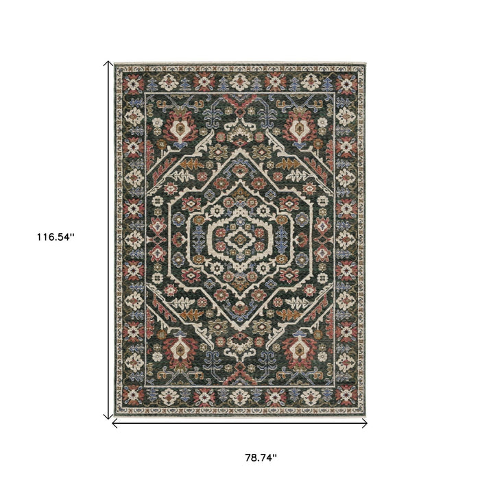 7' X 10' Floral Area Rug With Fringe - Green And Pink