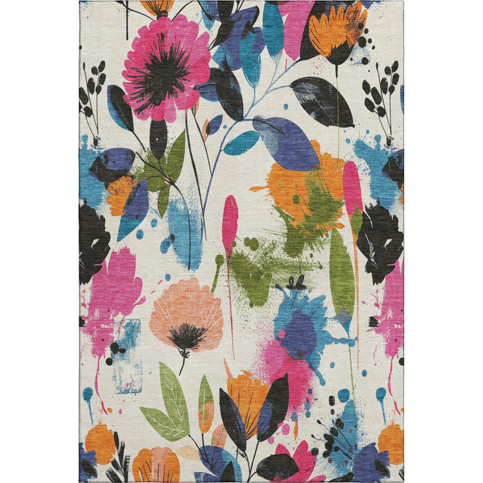 10' X 14' Floral Washable Area Rug With UV Protection (694370) - Ivory / Blue / Pink / Orange