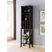 Giga wooden wine bottle rack with four shelves, metal wine glass holder, in red cocoa or espresso finish, stylish wine cabinet.