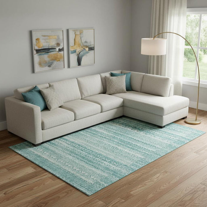 10' X 14' Striped Washable Area Rug With UV Protection (717815) - Aqua / Ivory