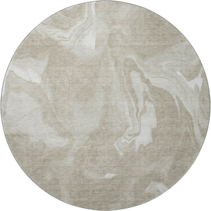 8' Abstract Washable Round Rug With UV Protection - Taupe And Ivory