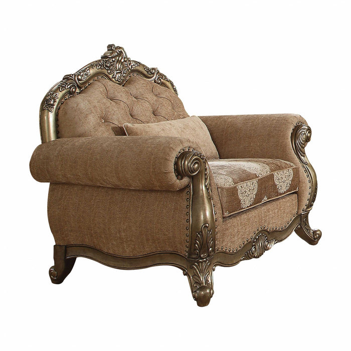 Linen Damask Tufted Arm Chair And Toss Pillow - Brown And Champagne