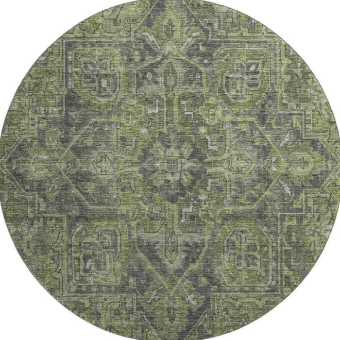 8' Medallion Distressed Washable Round Rug With UV Protection (649741) - Green / Gray
