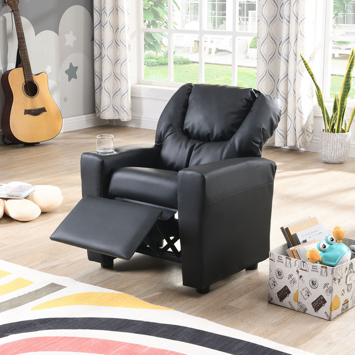 Giga Sally Deluxe Kids Recliner Chair in black with built-in cup holder, designed for children's comfort and relaxation.