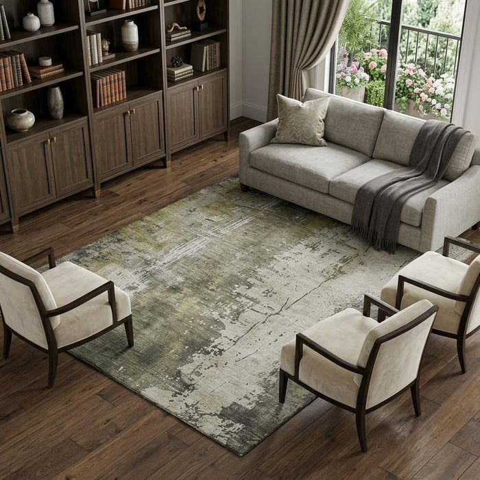 10' X 14' Abstract Washable Area Rug With UV Protection (696026) - Pewter / Gold / Ivory