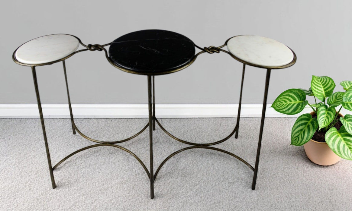 Genuine Marble Round Frame Console Table - Black And White And Gold