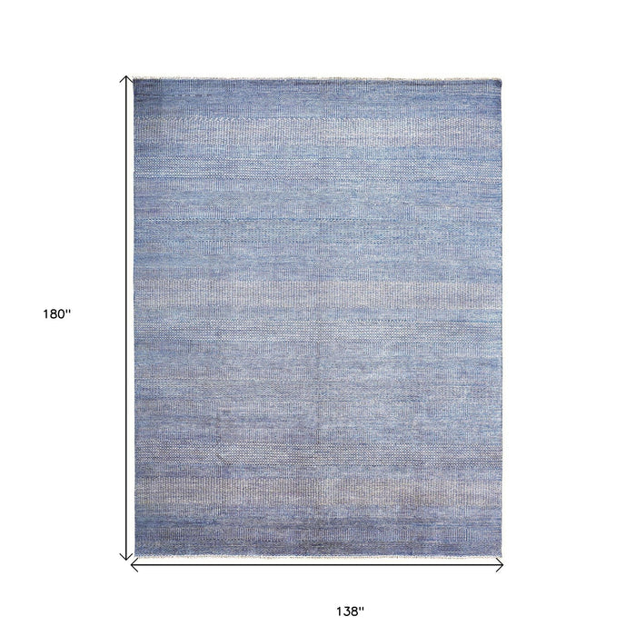 12' x 15' Wool Striped Shag Hand Knotted Area Rug - Blue And Ivory