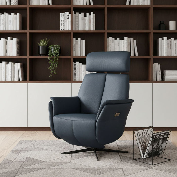 Genuine Leather Power Swivel Recliner - Blue