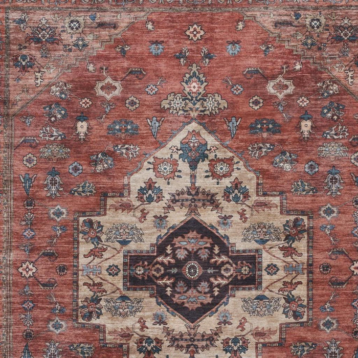 9' X 12' Medallion Distressed Washable Area Rug - Red And Ivory