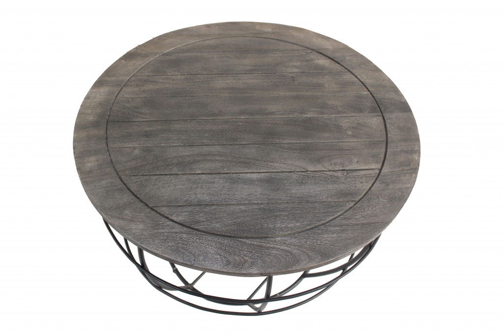 Wash Solid Wood And Cast Iron Round Distressed Coffee Table - Gray
