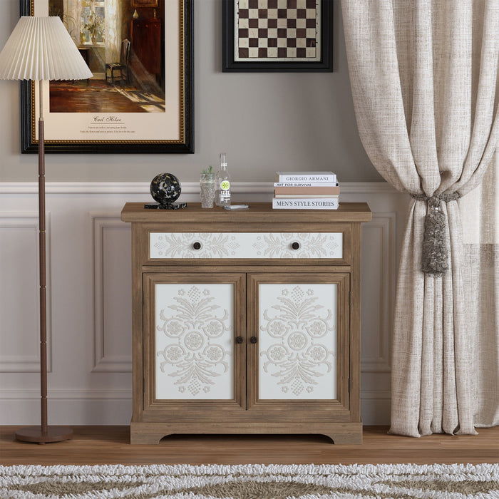 Giga accent cabinet with carved floral panels, featuring drawers and double doors in antique brown and white finish.
