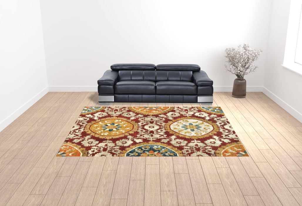 10' x 13' Oriental Power Loom Stain Resistant Area Rug - Red Gold Teal Gray Ivory And Blue