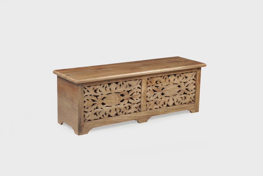 Solid Wood Floral Storage Ottoman - Brown