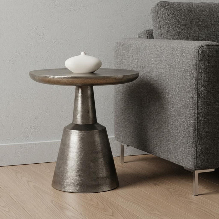 Distressed Iron Round Pedestal End Table - Silver