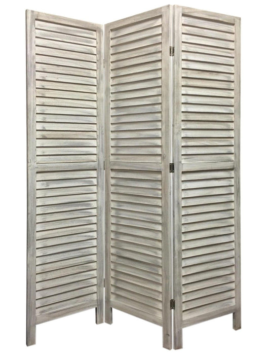 Stylish Three Panel Washed White Shutter Divider Screen - White