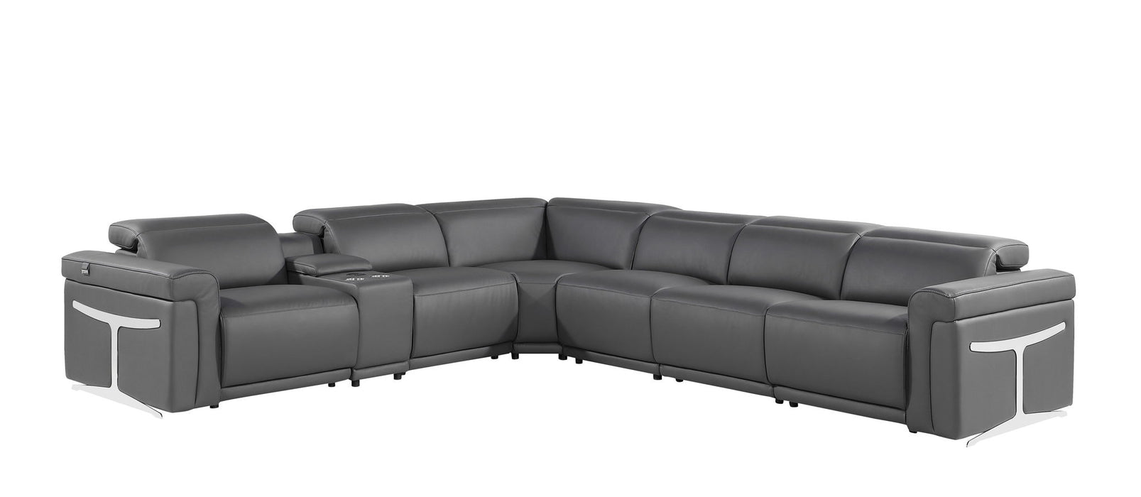 Italian Leather Modular L Shaped Seven Piece Corner Sectional With Console - Gray