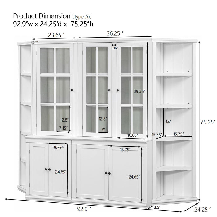 Giga retro-style white wall display cabinet with glass doors, 75.25-inch tall, featuring triangle-sided bookshelves and vintage design