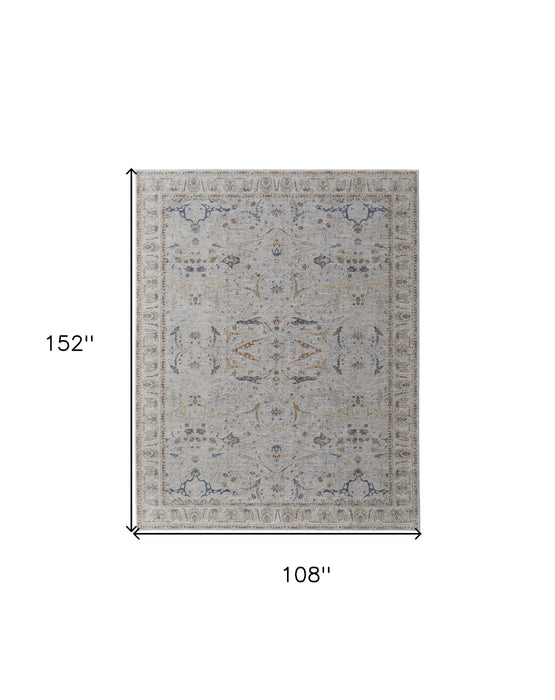 9' x 12.7' Ikat Power Loom Worn Faded Area Rug With Fringe - Gray Blue And Red