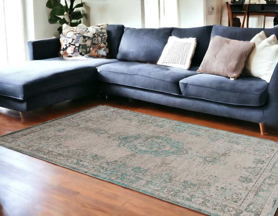 5' x 7' Medallion Non Skid 100% PET Area Rug - Gray And Green