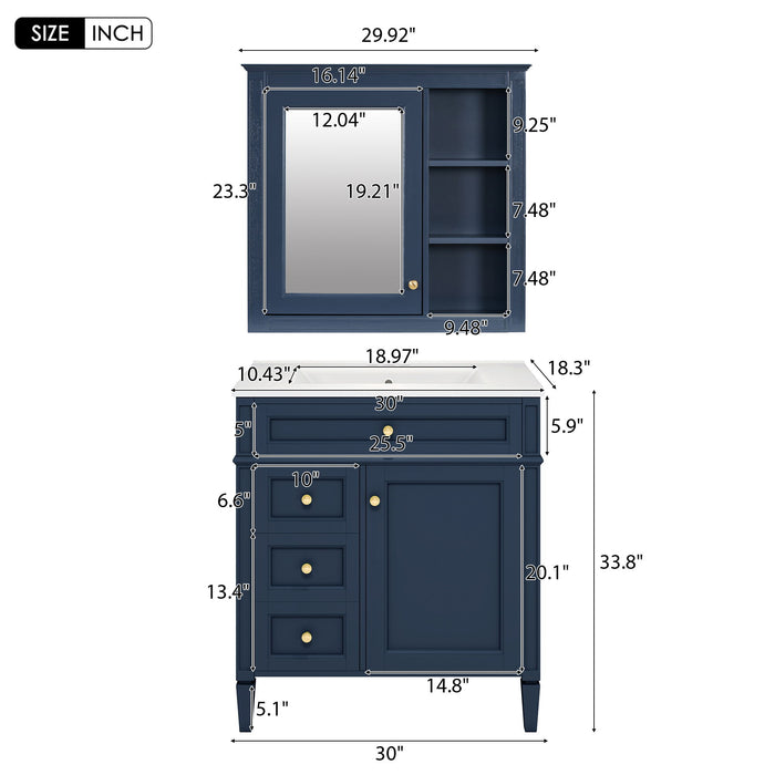 Giga bathroom vanity with medicine cabinet, modern storage cabinet featuring 2 soft-closing doors and 4 drawers, in a sleek design.