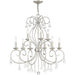 Nine-light metal chandelier with shades in nickel finish and clear glass, featuring dimmable design for elegant lighting.