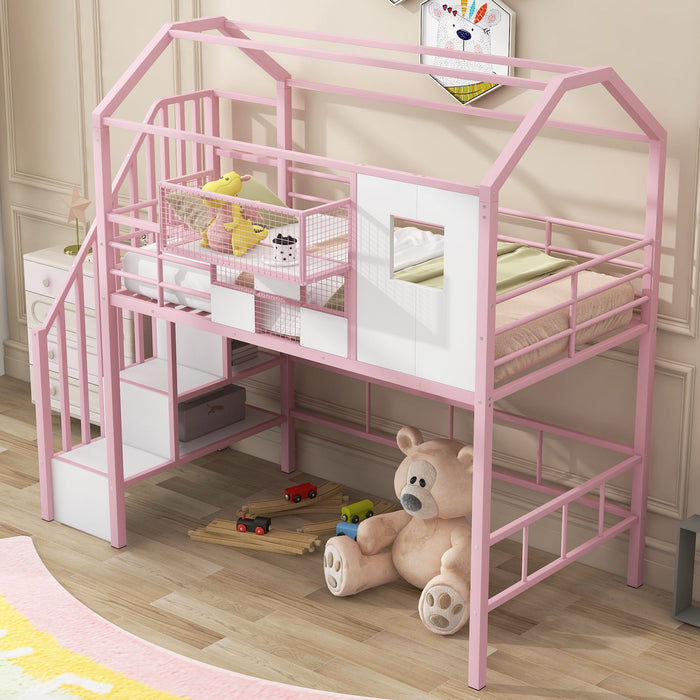 Giga metal loft bed with roof design, storage box, guardrails, and integrated ladder for safe, space-saving sleeping area.