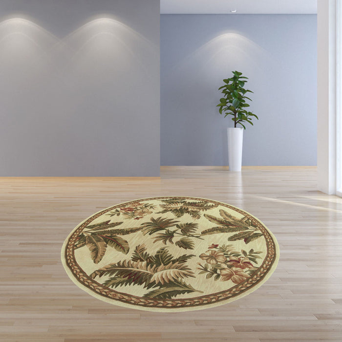 8' Hand Tufted Bordered Tropical Plants Round Indoor Area Rug - Ivory