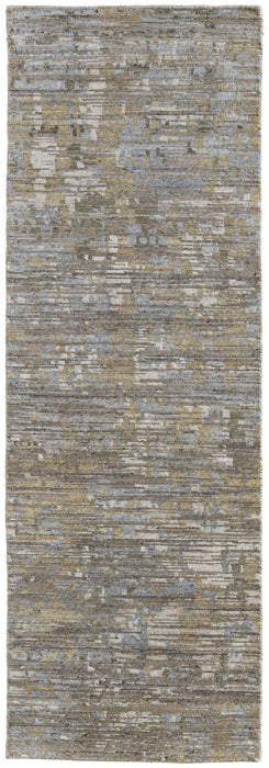 8' Wool Abstract Hand Knotted Runner Rug - Brown And Gray