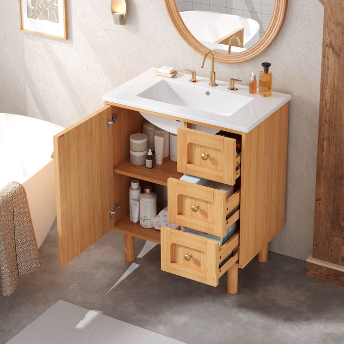 Giga bathroom vanity with sink, natural wood finish, 3 drawers, soft-close door, modern design for bathroom storage.
