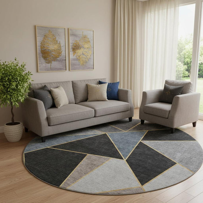 8' Geometric Washable Round Rug With UV Protection (653293) - Blue / Charcoal / Ivory