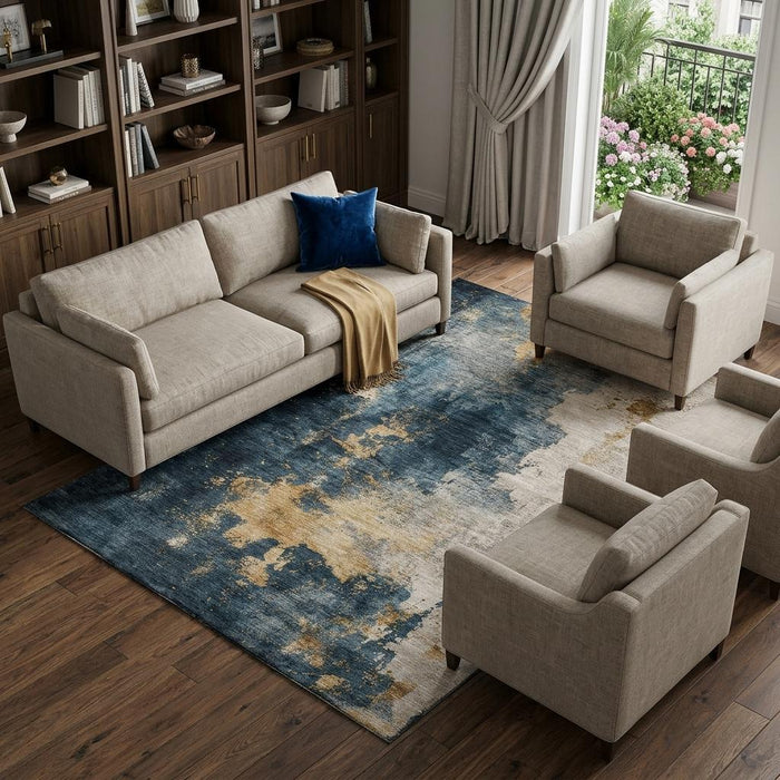 10' X 14' Abstract Washable Area Rug With UV Protection (683608) - Blue / Gold / Silver