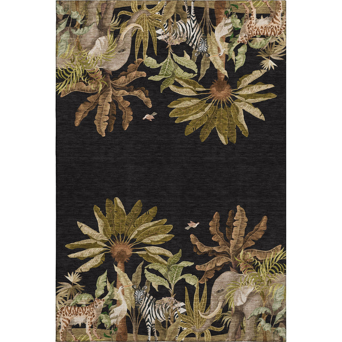 8' X 10' Tropical Botanical Distressed Washable Area Rug With UV Protection (646353) - Midnight / Brown / Olive Green