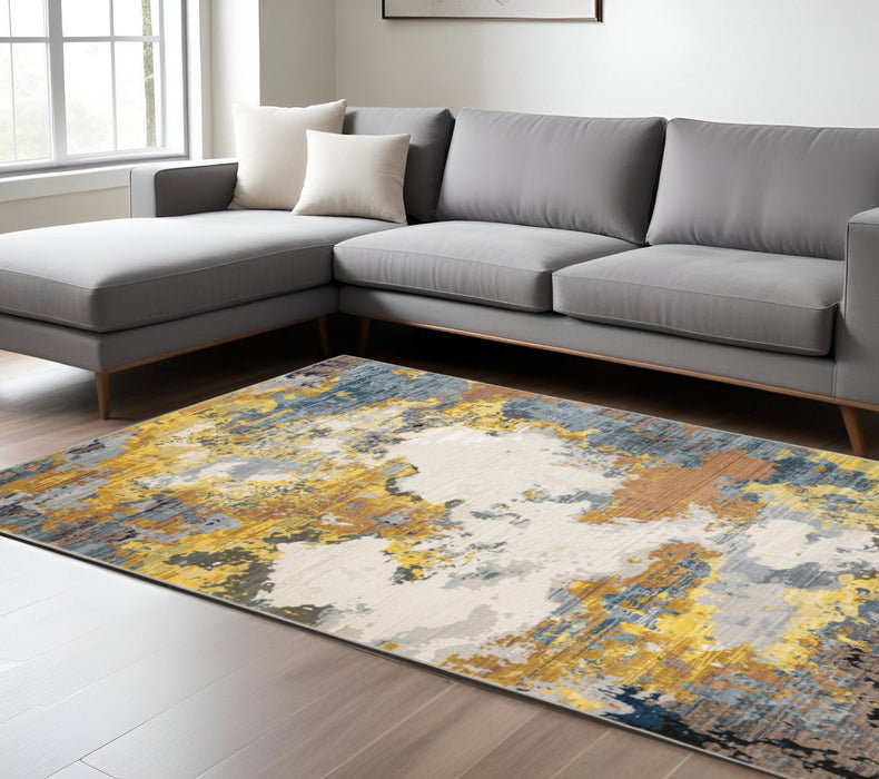 6' x 9' Abstract Power Loom Stain Resistant Area Rug - Yellow Gold Blue Gray Brown And Beige