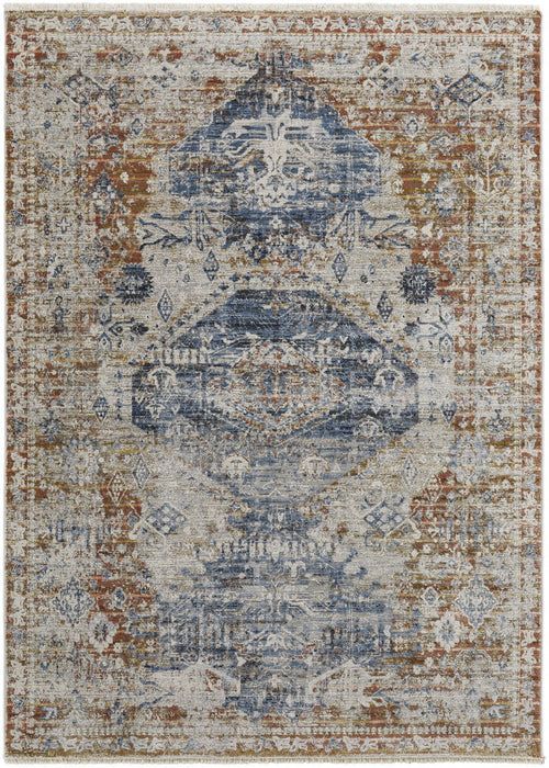 12' x 15' Floral Power Loom Distressed Area Rug With Fringe - Ivory Orange And Blue