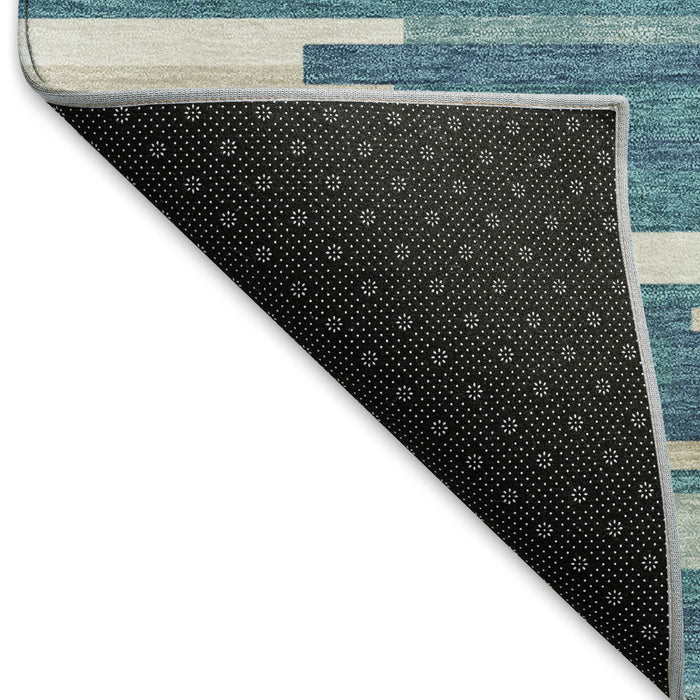 10' X 14' Striped Washable Area Rug With UV Protection (671114) - Teal / Ivory / Gray