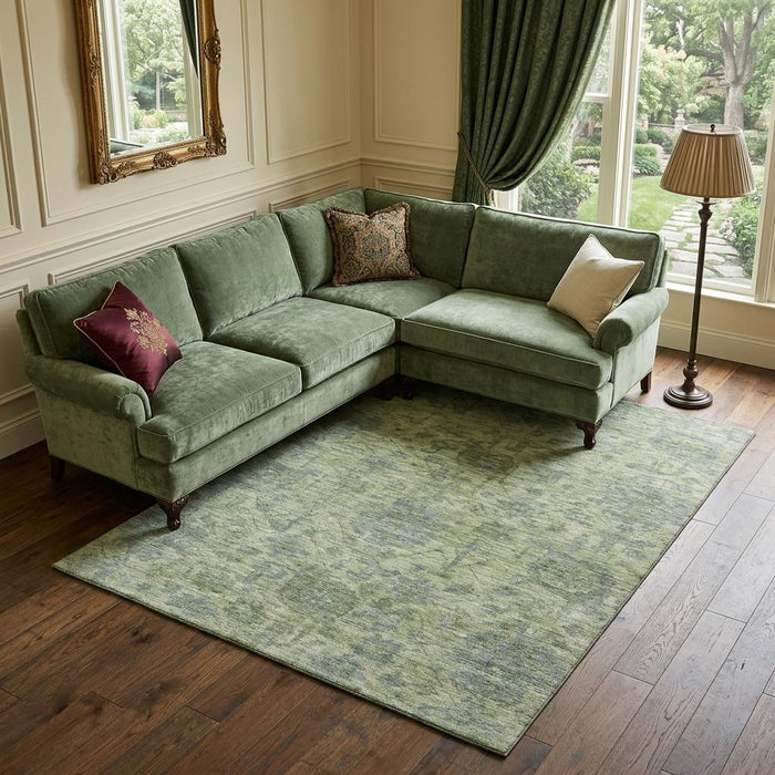 10' X 14' Damask Washable Area Rug With UV Protection (684388) - Artichoke Green / Gray