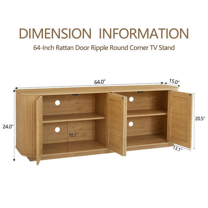 Giga contemporary wave-shaped TV stand with rattan doors, modern design, and sleek wood finish for living room decor.