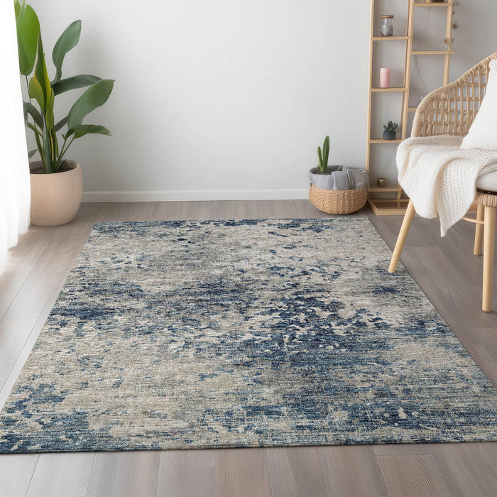 10' X 14' Transitional Abstract Washable Area Rug With UV Protection - Blue And Ivory