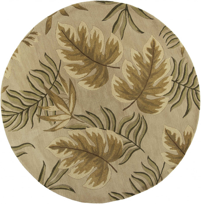 8' Hand Tufted Tropical Leaves Round Indoor Area Rug - Sand Beige