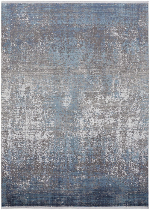 8' x 11' Abstract Power Loom Distressed Area Rug With Fringe - Blue Gray And Silver