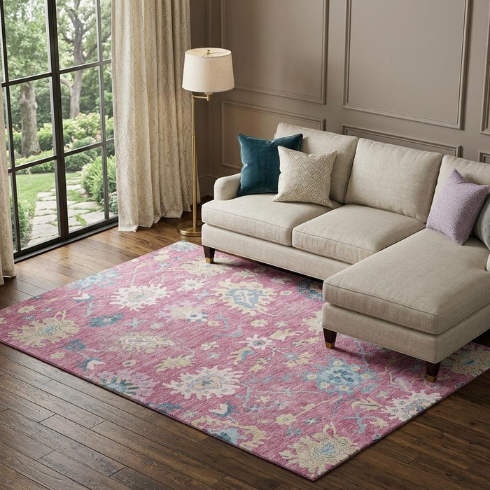 10' X 14' Floral Washable Area Rug With UV Protection (686969) - Pink / Blue / Beige