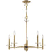 HomeRoots five-light metal chandelier with antiqued brass finish and clear shades, featuring dimmable lighting and modern design.