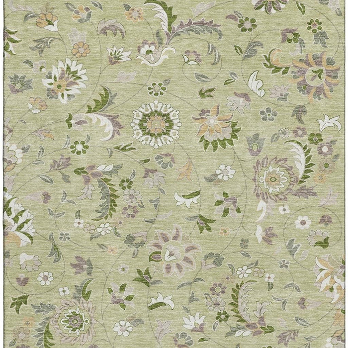 10' X 14' Floral Washable Area Rug With UV Protection (678952) - Artichoke Green / Taupe / Ivory