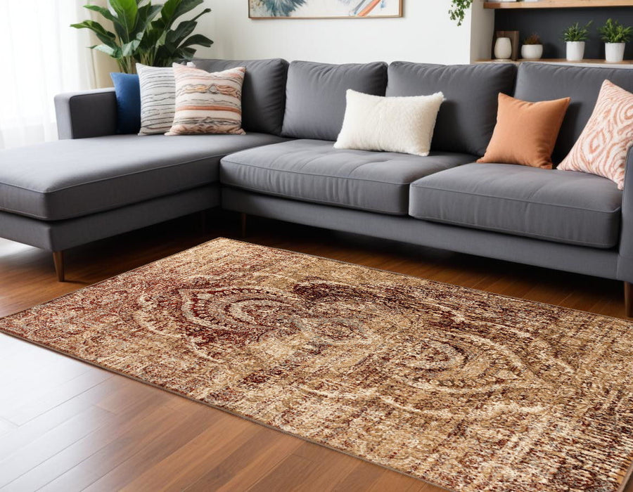 9' x 12' Abstract Power Loom Distressed Stain Resistant Area Rug - Maroon And Gold