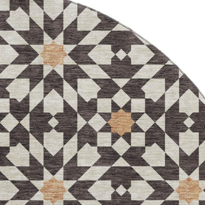 8' Copper Geometric Washable Round Rug With UV Protection - Charcoal