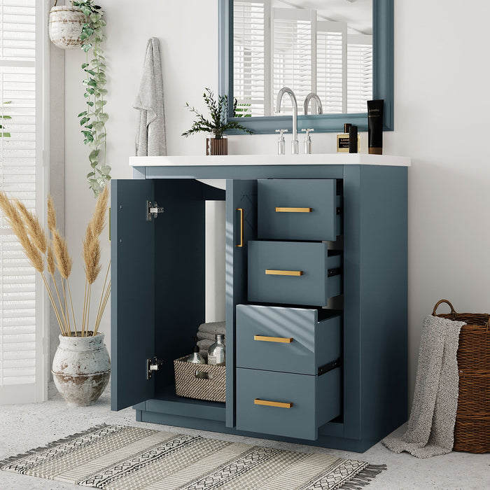 Giga bathroom vanity with sink, storage cabinet, three drawers, and soft-closing doors in a freestanding set.