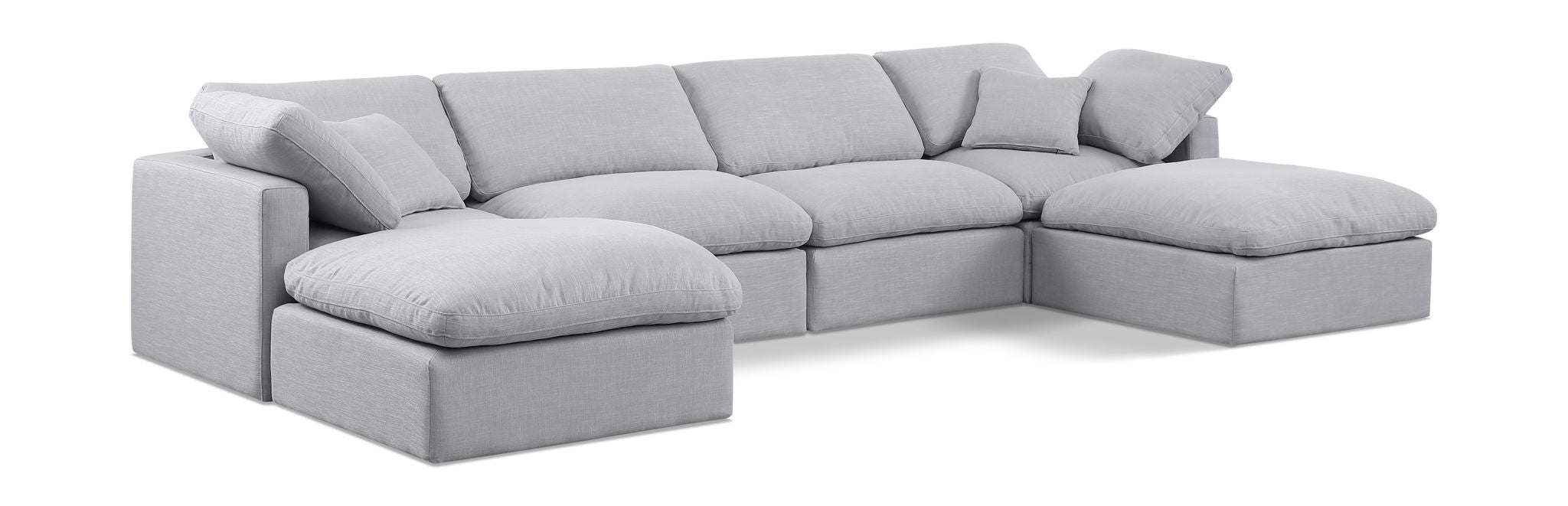 Meridian Furniture Indulge Linen 6-Piece Modular Double Chaise Sectional with soft fabric upholstery and modern design.