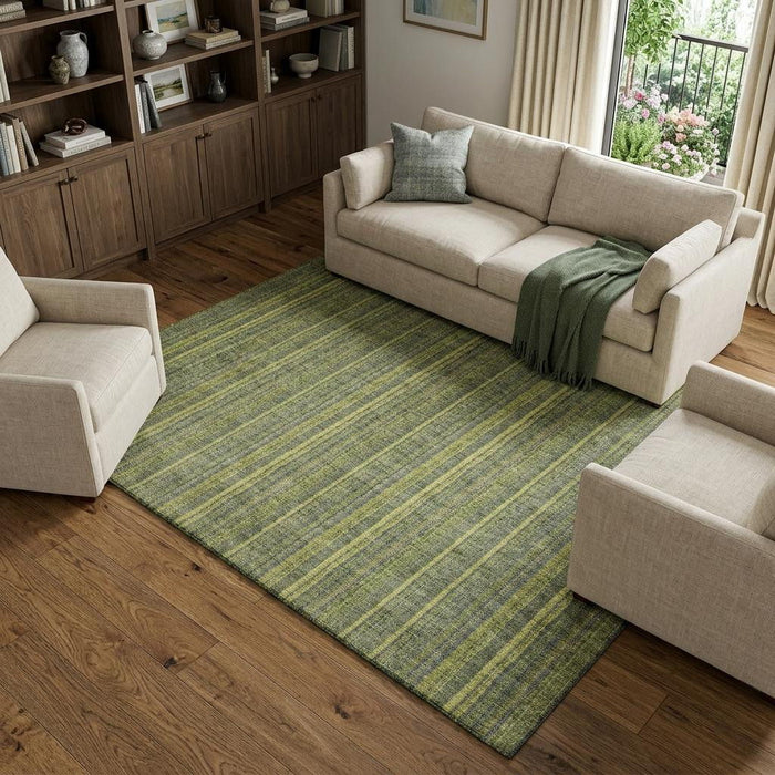 10' X 14' Striped Washable Area Rug With UV Protection (677561) - Olive Green / Navy Blue